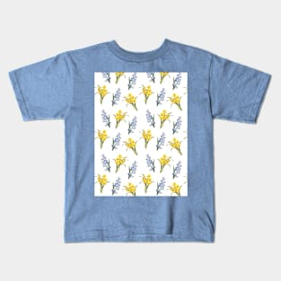 Spring flowers in yellow and blue, on blue tee Kids T-Shirt